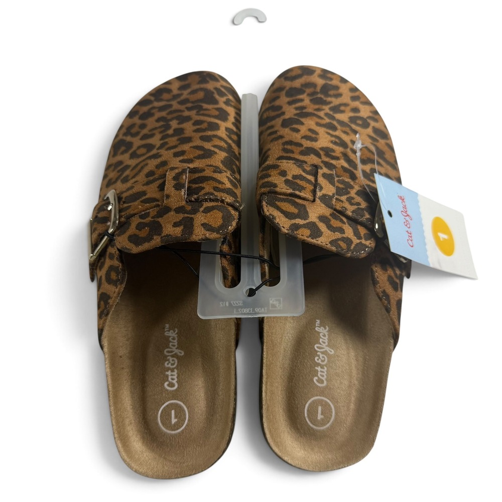 Cat & Jack Girls Leopard Print Clogs Brown Cheetah Buckle Slip On Shoes Size 1